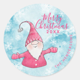 Elegant Blue Pink Gnome Custom Frohe Weihnachten Runder Aufkleber