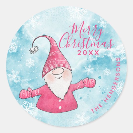 Elegant Blue Pink Gnome Custom Frohe Weihnachten Runder Aufkleber (Vorderseite)