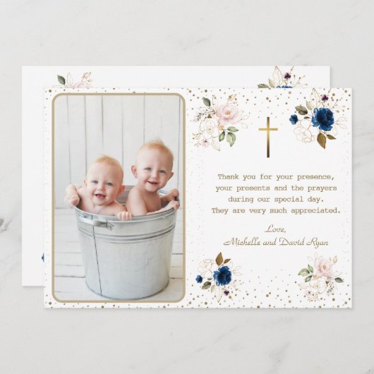 Elegant Blue Pink Gold Blume Twins Foto Taufe Dankeskarte (Vorne/Hinten)