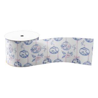 Elegant Blue & Pink Toile Christmas Ornaments Wrap Ripsband