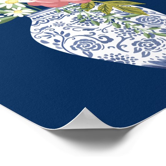 Elegant Blue Pottery Vase And Blooming Flowers Poster (Ecke)