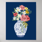 Elegant Blue Pottery Vase And Blooming Flowers Poster (Vorne)