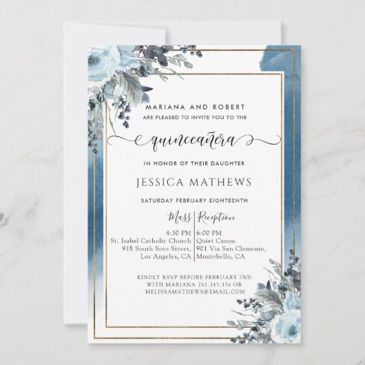Elegant Blue Quinceñera Wasserfarbe mit Blumen Einladung (Vorderseite)