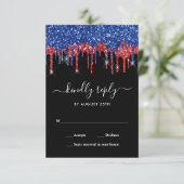 Elegant Blue Red Black Glitzer Patriotic Wedding RSVP Karte (Stehend Vorderseite)