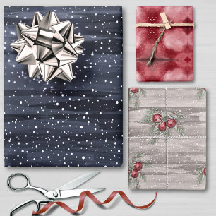 Elegant Blue Red Gray Snowy Berries Weihnachten Geschenkpapier Set