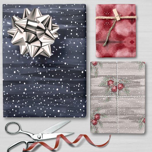 Elegant Blue Red Gray Snowy Berries Weihnachten Geschenkpapier Set
