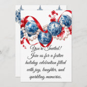 Elegant Blue & Red Holiday Invitation Invitation Einladung (Vorne/Hinten)