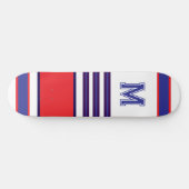 Elegant blue red white stripes monogram skateboard (Horizontal)