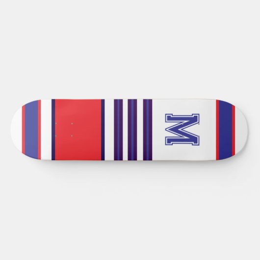 Elegant blue red white stripes monogram skateboard (Horizontal)