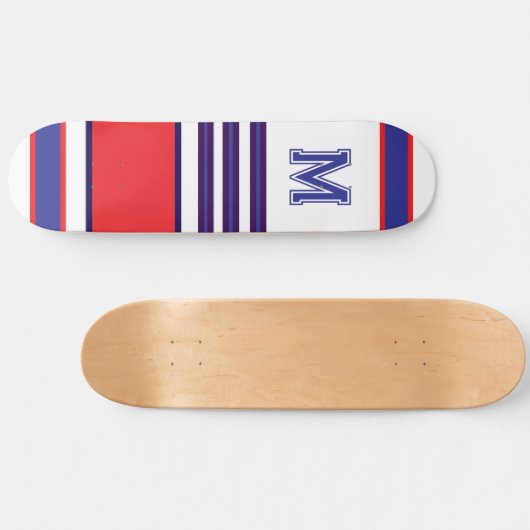 Elegant blue red white stripes monogram skateboard (Horizontal)