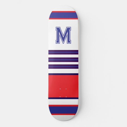 Elegant blue red white stripes monogram skateboard (Vorderseite)