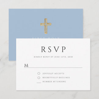 Elegant Blue Religious Cross Boy First Communion  RSVP Karte
