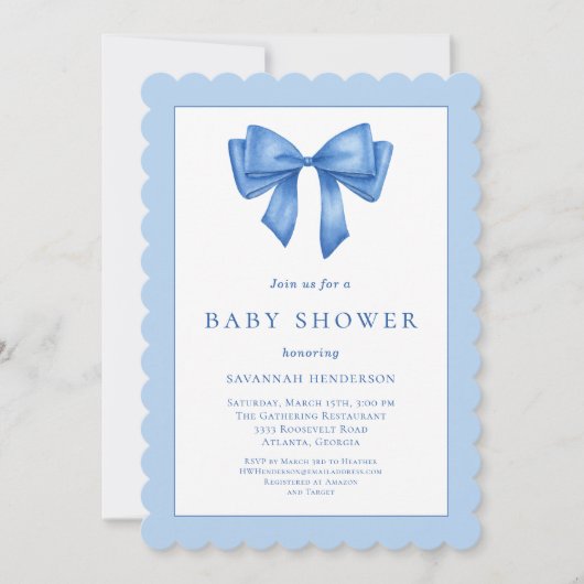 Elegant Blue Ribbon Bow Baby Shower Einladung (Vorderseite)