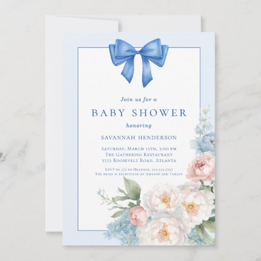 Elegant Blue Ribbon Bow Floral Baby Shower Einladung (Vorderseite)