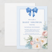 Elegant Blue Ribbon Bow Floral Baby Shower Einladung (Vorne/Hinten)