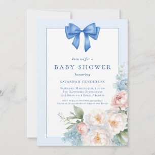Elegant Blue Ribbon Bow Floral Baby Shower Einladung
