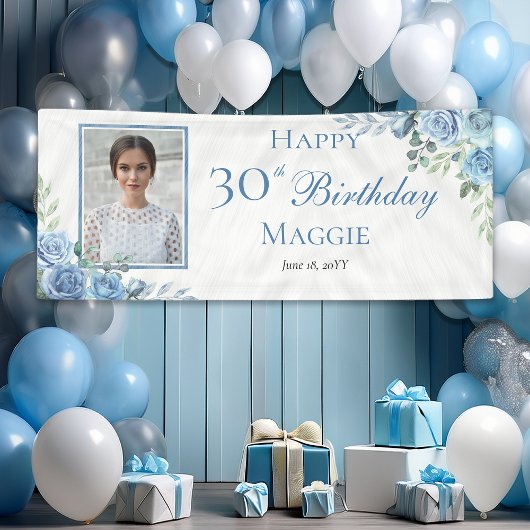 Elegant Blue Rose Blumenrahmen 30. Geburtstag Part Banner
