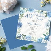 Elegant Blue Rose Floral 40. Geburtstag Party Einladung