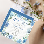 Elegant Blue Rose Floral 40. Geburtstag Party Einladung<br><div class="desc">Elegantes Blau und Weiß mit duskisch-grünen Rose Blumenrahmen Geburtstagsfeier Design.</div>