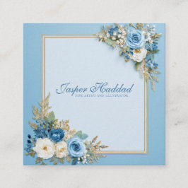 Elegant Blue Rose Floral Gold Frame Modern Powder Quadratische Visitenkarte