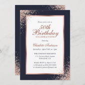 Elegant Blue Rose Gold Confetti 50. Geburtstag Einladung (Vorne/Hinten)