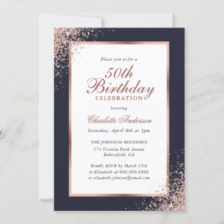Elegant Blue Rose Gold Confetti 50. Geburtstag Einladung