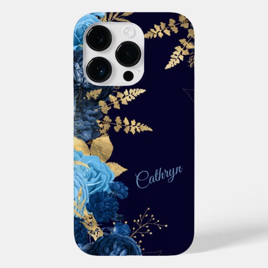 Elegant Blue Rose Gold Leaf Case-Mate iPhone Hülle (Rückseite)