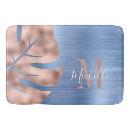 Elegant Blue Rose Gold Palm Leaf Monogram Badematte