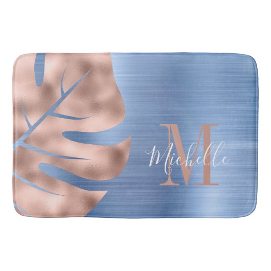 Elegant Blue Rose Gold Palm Leaf Monogram Badematte (Vorderseite)