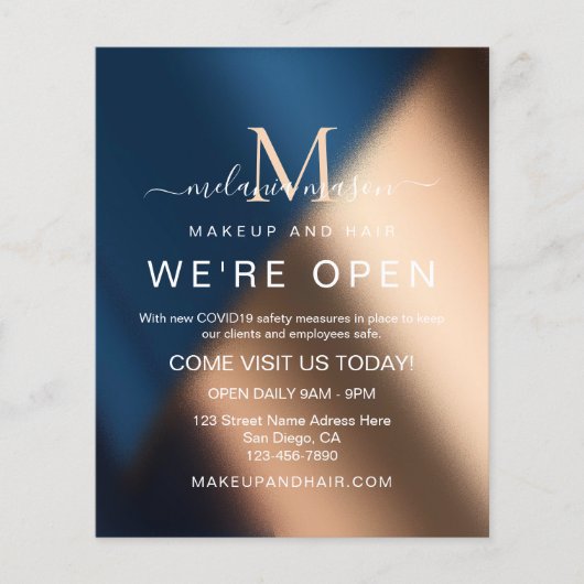 Elegant Blue Rose Gold Wir sind Open Salon Flyer (Vorne)