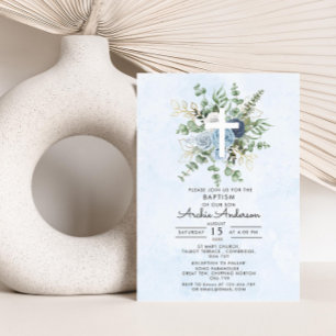 Elegant Blue Rose Grüne Taufe Christening Einladung