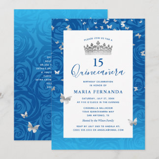 Elegant Blue Rose Silver Crown Floral Quinceanera Einladung