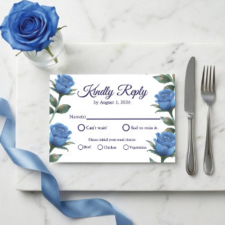 Elegant Blue Rose Watercolor Floral Meal Choice RSVP Karte
