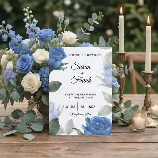 Elegant Blue Rose Watercolor Floral Wedding Einladung