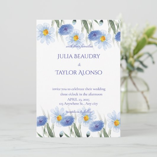 Elegant Blue Rose Wedding Invite Einladung (Stehend Vorderseite)