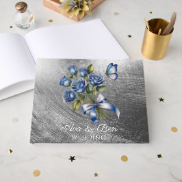 Elegant Blue Roses and Butterfly Silver Wedding Gästebuch