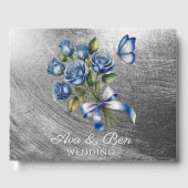 Elegant Blue Roses and Butterfly Silver Wedding Gästebuch (Vorderseite)