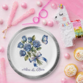 Elegant Blue Roses and Butterfly Silver Wedding Pappteller (Party)