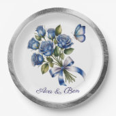 Elegant Blue Roses and Butterfly Silver Wedding Pappteller (Vorderseite)