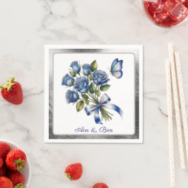 Elegant Blue Roses and Butterfly Silver Wedding Serviette