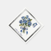 Elegant Blue Roses and Butterfly Silver Wedding Serviette (Ecke)