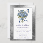 Elegant Blue Roses Butterfly Silver Couples Shower Einladung (Vorderseite)