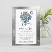 Elegant Blue Roses Butterfly Silver Couples Shower Einladung (Stehend Vorderseite)