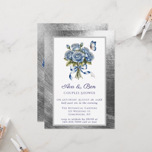 Elegant Blue Roses Butterfly Silver Couples Shower Einladung (Vorderseite/Rückseite Beispiel)