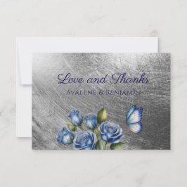 Elegant Blue Roses Butterfly Silver Wedding Dankeskarte