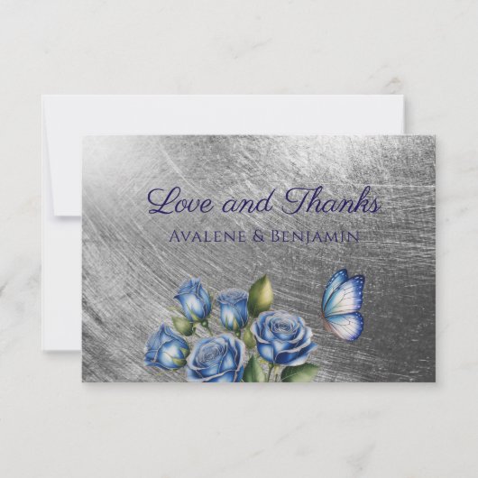 Elegant Blue Roses Butterfly Silver Wedding Dankeskarte (Vorderseite)