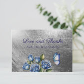 Elegant Blue Roses Butterfly Silver Wedding Dankeskarte (Stehend Vorderseite)