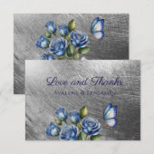 Elegant Blue Roses Butterfly Silver Wedding Dankeskarte (Vorne/Hinten)