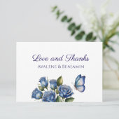 Elegant Blue Roses Butterfly Silver Wedding Dankeskarte (Stehend Vorderseite)