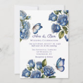 Elegant Blue Roses Butterfly Silver Wedding Einladung (Vorderseite)